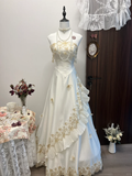 Vintage A Line Strapless Golden Appliques White Satin Long Prom Dress Party Dress HZ1023