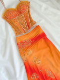 Two Piece Orange Ombre Appliques Lace Chiffon Prom Dress Evening Party Gowns HZ1023