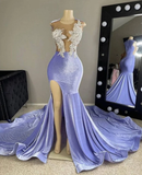 Gorgeous Sequin Applique Velvet Slit Mermaid Prom Dress HZ1023