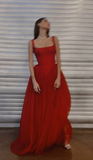Charming Red Satin Tulle Long Prom Dress HZ1023