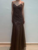 Vintage Mermaid Spaghetti Strap Sequins Brown Chiffon Prom Dress Evening Dress HZ1023