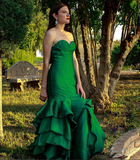 Charming Mermaid Sweetheart Ruffle Green Satin Long Prom Dress Evening Dress HZ1023