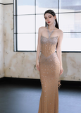 Exquisite Rhinestone Champagne Mermaid Sweetheart Neck Black Tulle Long Evening Dress Gown Dress HZ1023