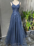 Blue Tulle Applique Long Evening Dress Formal Prom Dress HZ1023
