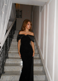 Sexy Black Mermaid Off the Shoulder Velvet Satin Long Prom Dress Formal Dress HZ1023