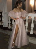 Pink Tulle Sequins Off the Shoulder Prom Dress With Split HZ1023