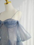 Blue Tulle Long Prom Dress A-Line Off The Shoulder Evening Party Dress HZ1023