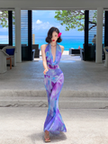 Two Piece Mermaid Halter Purple Print Floral Chiffon Long Prom Dress Outfits HZ1023