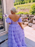 Stunning A Line Off the Shoulder Corset Tiered Purple Tulle Prom Dress Evening Dress HZ1023