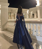 Navy Blue A Line Strapless Satin Prom Dress Evening Dress with Cap HZ1023