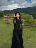 Black Lace Sexy A Line Long Sleeve Evening Dress Prom Dresses Formal Gown HZ1023