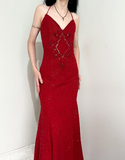 Vintage Mermaid Spaghetti Strap Sequin Beaded Red Chiffon Evening Dress Party Dress HZ1023
