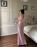 Simple Mermaid Spaghetti Strap Pink Satin Backless Party Dress Evening Dress HZ1023