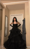 Princess A Line Sweetheart Neck Black Tiered Tulle Long Prom Dress Evening Dress HZ1023