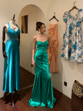 Vintage Mermaid Sweetheart Neck Pleated Green Satin Long Party Dress Cocktail Dress HZ1023