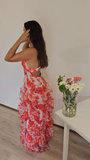 Spaghetti Straps Chiffon Ruffles Print Floral A-Line Long Party Dress Prom Dress HZ1023