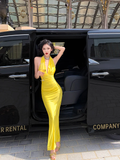 Sexy Bright Yellow Sheath Halter Satin Open Back Prom Dress Evening Dress with Slit HZ1023