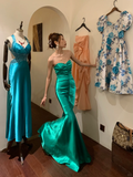 Vintage Mermaid Sweetheart Neck Pleated Green Satin Long Party Dress Cocktail Dress HZ1023