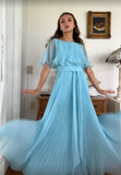 Gentle A Line Round Neck Blue Pleated Chiffon Long Evening Dress Party Dresses HZ1023