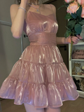 Stunning A Line Spaghetti Strap Pink Satin Homecoming Dress Cocktail Dress HZ1023