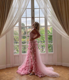 Charming Pink Strapless High Slit Flower Prom Dress HZ1023