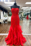 Ruffle Red Lace Prom Dresses Mermaid Tulle Long Formal Evening Dress HZ1023
