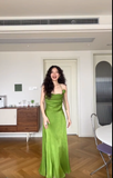 Simple Green A Line Halter Satin Prom Dress Wedding Guest Dress HZ1023