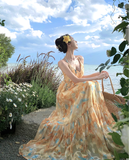 Flowy A Line Spaghetti Strap Floral Yellow Chiffon Prom Dress Vacation Dress HZ1023