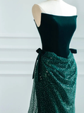 Green A Line Strapless Velvet Sequin Long Sweep Prom Dress Graduation Prom Dress HZ1023