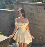 Cute A Line Off the Shoulder Ivory Satin Short Homecoming Dress Birthday Dress HZ1023