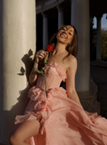Princess A Line Sweetheart Neck Ruffle Light Pink Tulle Prom Dress Evening Dress with Slit HZ1023