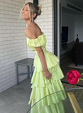 Two Piece A Line Off the Shoulder Layered Satin Long Prom Dress Outfits HZ1023