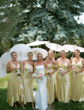 Elegant Sheath Straps Light Yellow Satin Bridesmaid Dress Evening Dress HZ1023