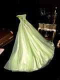 Gentle A Line Strapless Beaded Embroidery Green Organza Satin Long Prom Dress Party Dress HZ1023