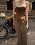 Unique Sheath Strapless Butterfly Brown Satin Chiffon Long Party Dress Evening Dress HZ1023