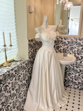 White Classy Ball Gown Off the Shoulder Pearl Satin Long Prom Dress Wedding Dress HZ1023