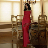 Sexy Satin Lace Splicing Long Evening Dress Yellow Prom Dress HZ1023