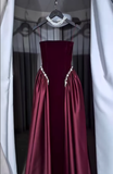 Classy A Line Strapless Pearl Dark Burgundy Velvet Satin Party Dress Wedding Guest Dress HZ1023