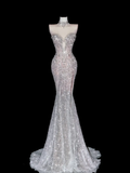 Stunning Mermaid Strapless Rhinestone Sequin Tulle Long Prom Dress Party Dress with Slit HZ1023