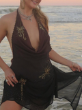 Sexy Dark Brown Sheath Halter Pleated Beaded Chiffon Vacation Dress Outfits HZ1023