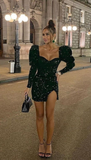 Glitter Sequin Black Puff Long Sleeves Sweetheart Fashion Cocktail Dress,Short Prom Dresses HZ1023
