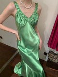 Vintage Mermaid V Neck Beaded Green Satin Long Prom Dress Party Dress HZ1023