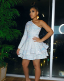 One Shoulder Long Sleeve Short Party Dress£¬White Homecoming Dress HZ1023