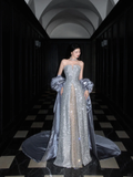 Shiny A Line Strapless Sequin Grey Tulle Satin Long Prom Dress Party Dress HZ1023