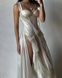 Stunning A Line Straps White Chiffon Prom Dress Evening Dress with Slit HZ1023