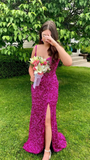 Spaghetti Straps V Neck Mermaid Sequin Slit Prom Dress HZ1023