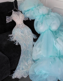 Gorgeous Exquisite Mermaid Beaded Blue Tulle Prom Dress Evening Dress Party Dress HZ1023