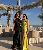 2025 New Mermaid Strapless Bow Green Satin Prom Dress Graduation Prom Dress with Slit HZ1023