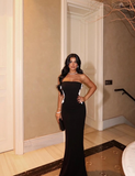 Elegant Mermaid Strapless Black Satin Long Prom Dress Evening Dress with Slit HZ1023