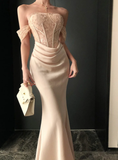 Elegant Mermaid Off the Shoulder Apricot Lace Satin Prom Dress Evening Dress Formal Gown HZ1023